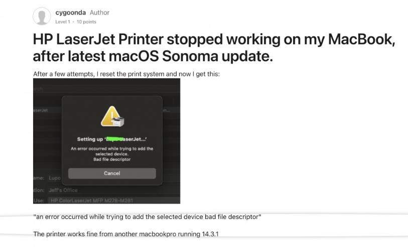 先別更新macOS Sonoma 14.4！問(wèn)題連爆印表機(jī)功能恐失效(圖1)